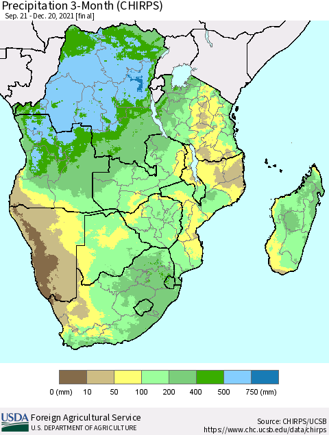 Southern Africa Precipitation 3-Month (CHIRPS) Thematic Map For 9/21/2021 - 12/20/2021