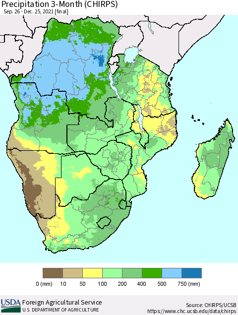 Southern Africa Precipitation 3-Month (CHIRPS) Thematic Map For 9/26/2021 - 12/25/2021