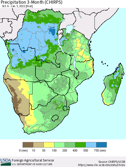 Southern Africa Precipitation 3-Month (CHIRPS) Thematic Map For 10/6/2021 - 1/5/2022