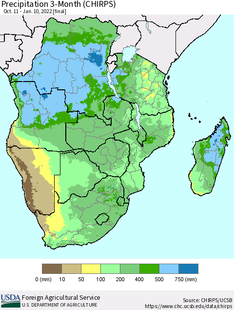 Southern Africa Precipitation 3-Month (CHIRPS) Thematic Map For 10/11/2021 - 1/10/2022