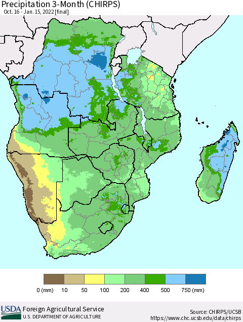Southern Africa Precipitation 3-Month (CHIRPS) Thematic Map For 10/16/2021 - 1/15/2022