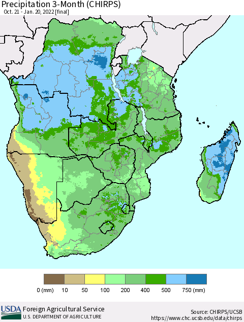 Southern Africa Precipitation 3-Month (CHIRPS) Thematic Map For 10/21/2021 - 1/20/2022