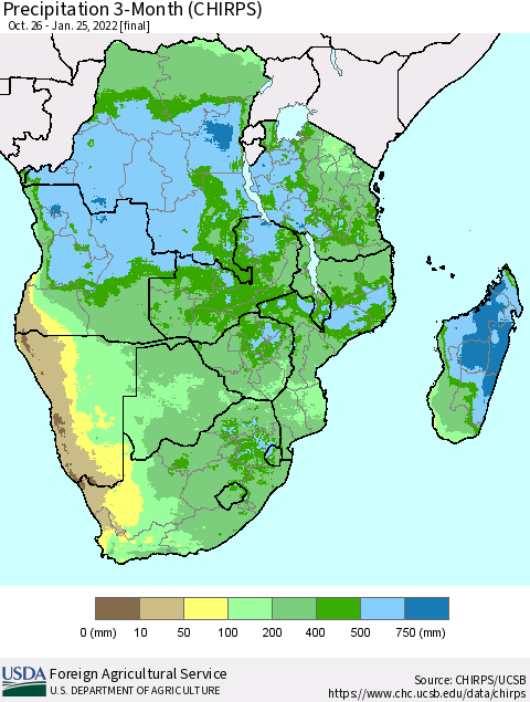 Southern Africa Precipitation 3-Month (CHIRPS) Thematic Map For 10/26/2021 - 1/25/2022