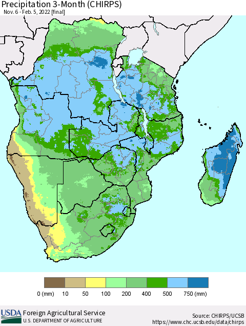 Southern Africa Precipitation 3-Month (CHIRPS) Thematic Map For 11/6/2021 - 2/5/2022