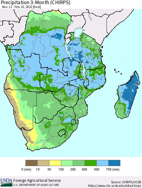 Southern Africa Precipitation 3-Month (CHIRPS) Thematic Map For 11/11/2021 - 2/10/2022