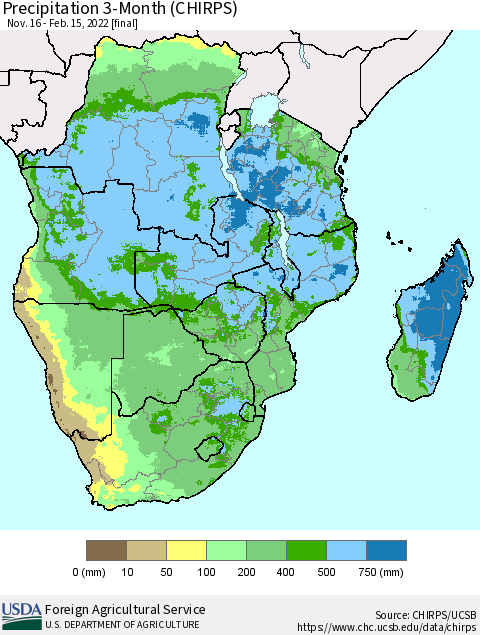 Southern Africa Precipitation 3-Month (CHIRPS) Thematic Map For 11/16/2021 - 2/15/2022