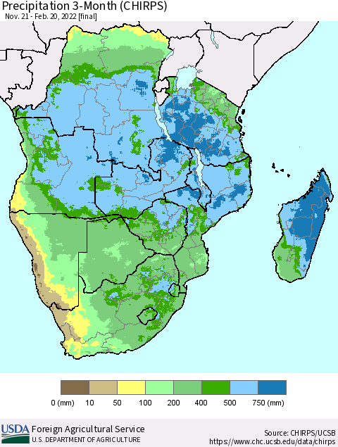 Southern Africa Precipitation 3-Month (CHIRPS) Thematic Map For 11/21/2021 - 2/20/2022