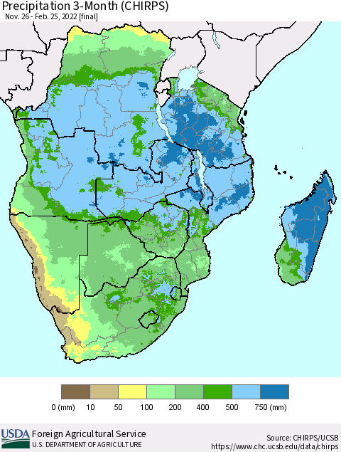 Southern Africa Precipitation 3-Month (CHIRPS) Thematic Map For 11/26/2021 - 2/25/2022