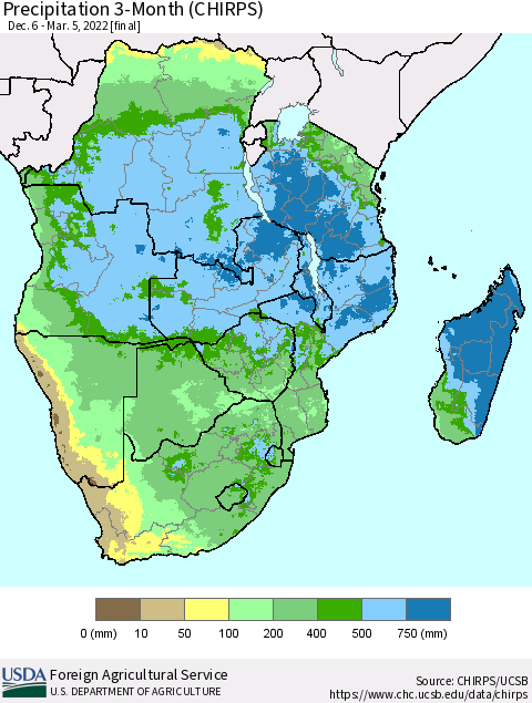Southern Africa Precipitation 3-Month (CHIRPS) Thematic Map For 12/6/2021 - 3/5/2022