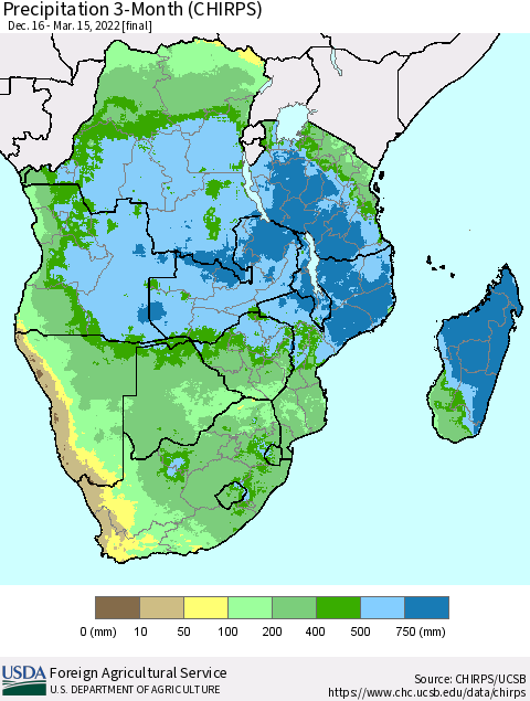 Southern Africa Precipitation 3-Month (CHIRPS) Thematic Map For 12/16/2021 - 3/15/2022