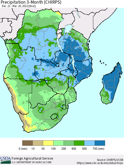 Southern Africa Precipitation 3-Month (CHIRPS) Thematic Map For 12/21/2021 - 3/20/2022