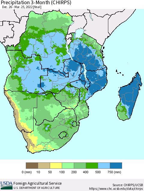 Southern Africa Precipitation 3-Month (CHIRPS) Thematic Map For 12/26/2021 - 3/25/2022