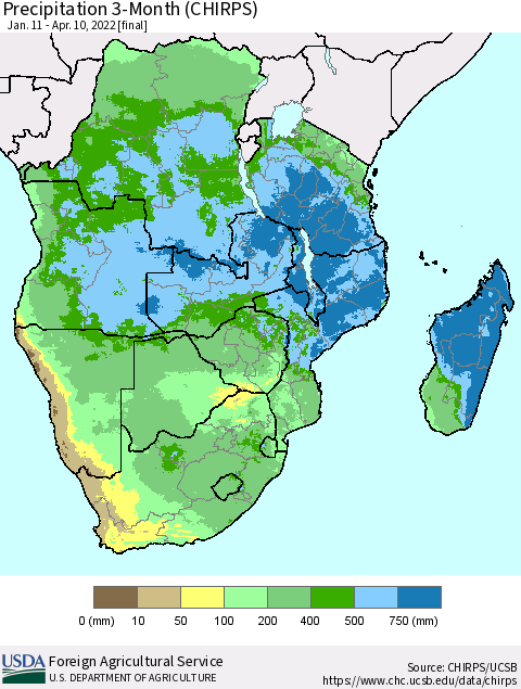 Southern Africa Precipitation 3-Month (CHIRPS) Thematic Map For 1/11/2022 - 4/10/2022