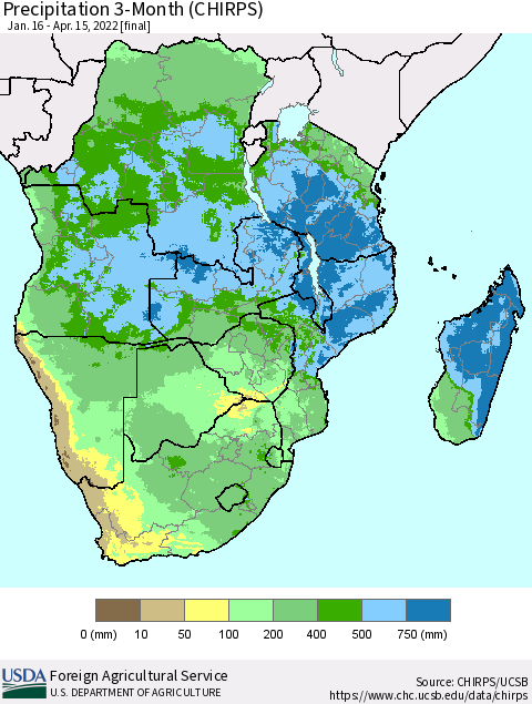 Southern Africa Precipitation 3-Month (CHIRPS) Thematic Map For 1/16/2022 - 4/15/2022