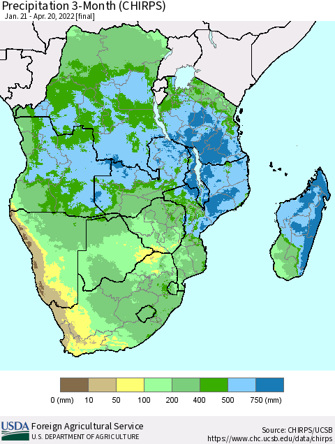 Southern Africa Precipitation 3-Month (CHIRPS) Thematic Map For 1/21/2022 - 4/20/2022