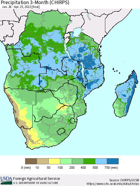 Southern Africa Precipitation 3-Month (CHIRPS) Thematic Map For 1/26/2022 - 4/25/2022
