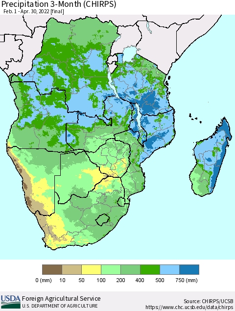 Southern Africa Precipitation 3-Month (CHIRPS) Thematic Map For 2/1/2022 - 4/30/2022