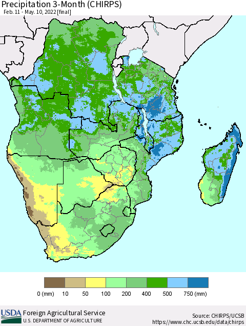 Southern Africa Precipitation 3-Month (CHIRPS) Thematic Map For 2/11/2022 - 5/10/2022