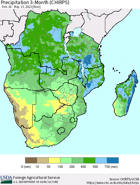 Southern Africa Precipitation 3-Month (CHIRPS) Thematic Map For 2/16/2022 - 5/15/2022