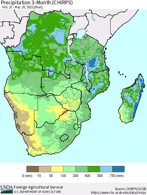 Southern Africa Precipitation 3-Month (CHIRPS) Thematic Map For 2/21/2022 - 5/20/2022