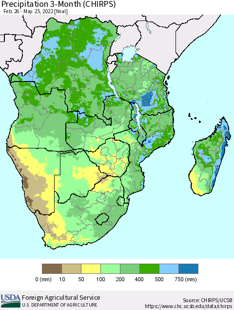 Southern Africa Precipitation 3-Month (CHIRPS) Thematic Map For 2/26/2022 - 5/25/2022