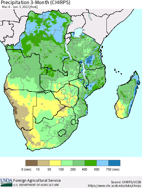 Southern Africa Precipitation 3-Month (CHIRPS) Thematic Map For 3/6/2022 - 6/5/2022