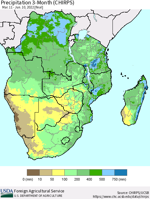 Southern Africa Precipitation 3-Month (CHIRPS) Thematic Map For 3/11/2022 - 6/10/2022