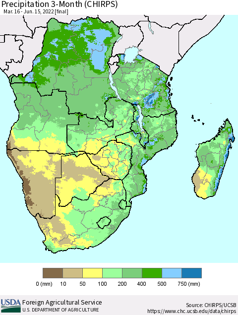 Southern Africa Precipitation 3-Month (CHIRPS) Thematic Map For 3/16/2022 - 6/15/2022