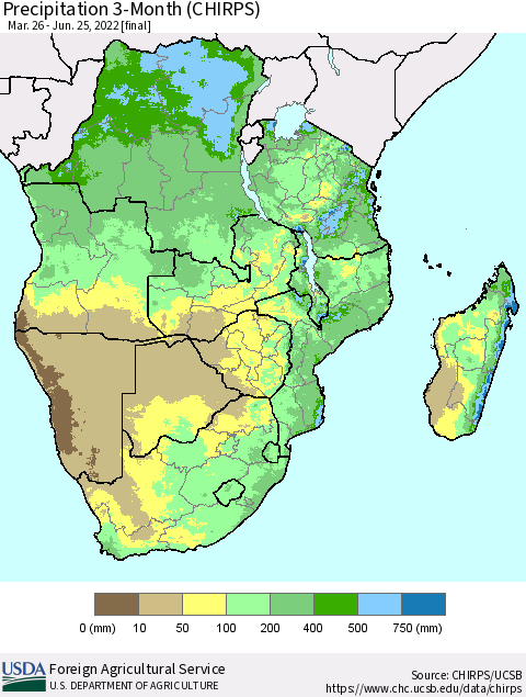 Southern Africa Precipitation 3-Month (CHIRPS) Thematic Map For 3/26/2022 - 6/25/2022