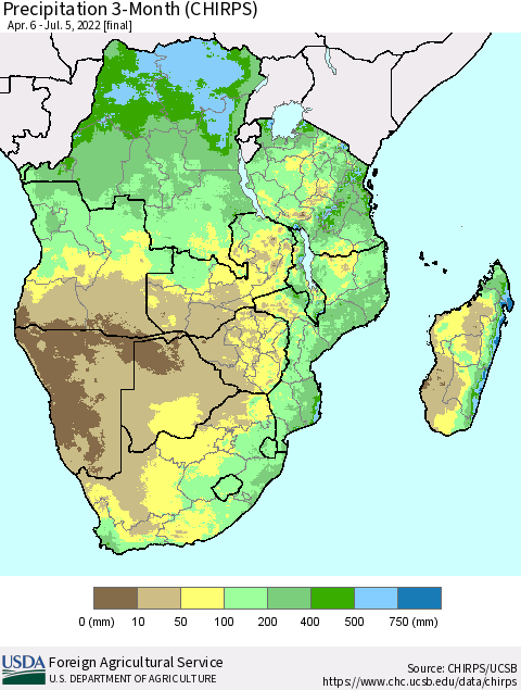 Southern Africa Precipitation 3-Month (CHIRPS) Thematic Map For 4/6/2022 - 7/5/2022