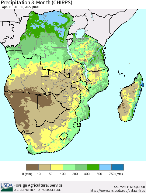 Southern Africa Precipitation 3-Month (CHIRPS) Thematic Map For 4/11/2022 - 7/10/2022