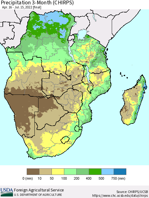 Southern Africa Precipitation 3-Month (CHIRPS) Thematic Map For 4/16/2022 - 7/15/2022