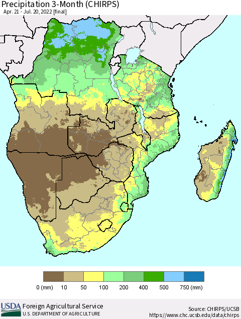 Southern Africa Precipitation 3-Month (CHIRPS) Thematic Map For 4/21/2022 - 7/20/2022