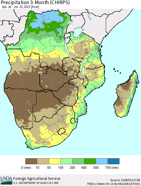 Southern Africa Precipitation 3-Month (CHIRPS) Thematic Map For 4/26/2022 - 7/25/2022