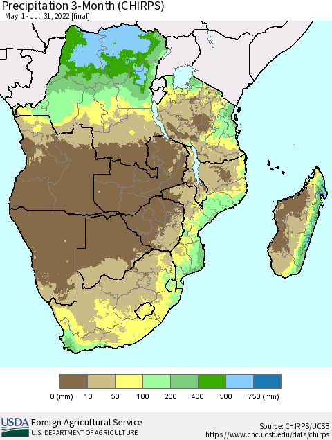 Southern Africa Precipitation 3-Month (CHIRPS) Thematic Map For 5/1/2022 - 7/31/2022
