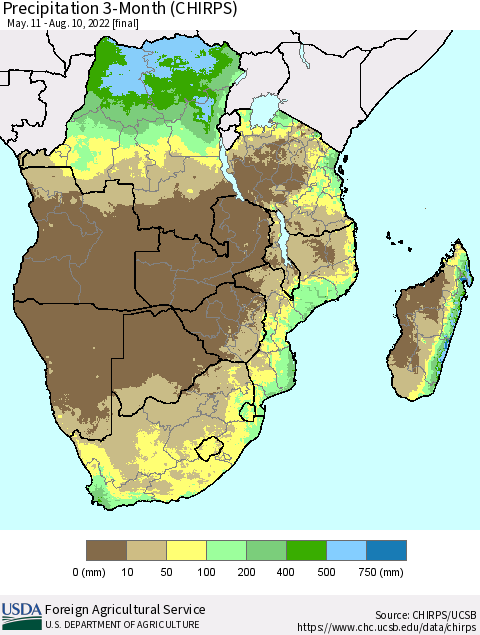 Southern Africa Precipitation 3-Month (CHIRPS) Thematic Map For 5/11/2022 - 8/10/2022