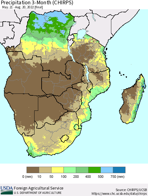 Southern Africa Precipitation 3-Month (CHIRPS) Thematic Map For 5/21/2022 - 8/20/2022