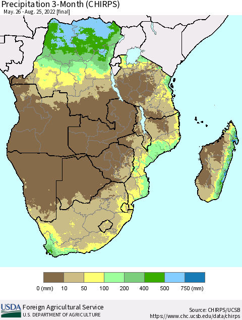 Southern Africa Precipitation 3-Month (CHIRPS) Thematic Map For 5/26/2022 - 8/25/2022