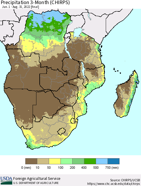 Southern Africa Precipitation 3-Month (CHIRPS) Thematic Map For 6/1/2022 - 8/31/2022