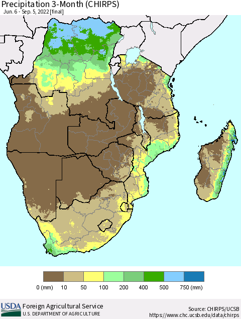 Southern Africa Precipitation 3-Month (CHIRPS) Thematic Map For 6/6/2022 - 9/5/2022