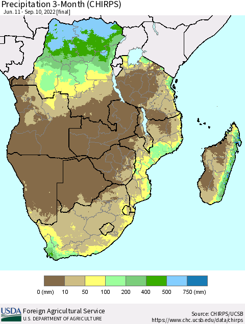 Southern Africa Precipitation 3-Month (CHIRPS) Thematic Map For 6/11/2022 - 9/10/2022