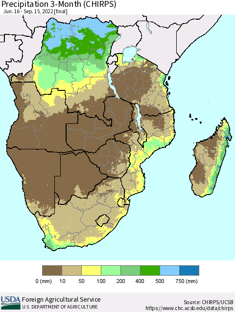 Southern Africa Precipitation 3-Month (CHIRPS) Thematic Map For 6/16/2022 - 9/15/2022