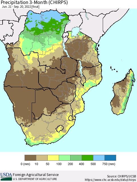 Southern Africa Precipitation 3-Month (CHIRPS) Thematic Map For 6/21/2022 - 9/20/2022