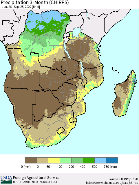 Southern Africa Precipitation 3-Month (CHIRPS) Thematic Map For 6/26/2022 - 9/25/2022