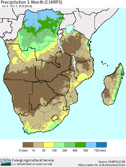 Southern Africa Precipitation 3-Month (CHIRPS) Thematic Map For 7/6/2022 - 10/5/2022
