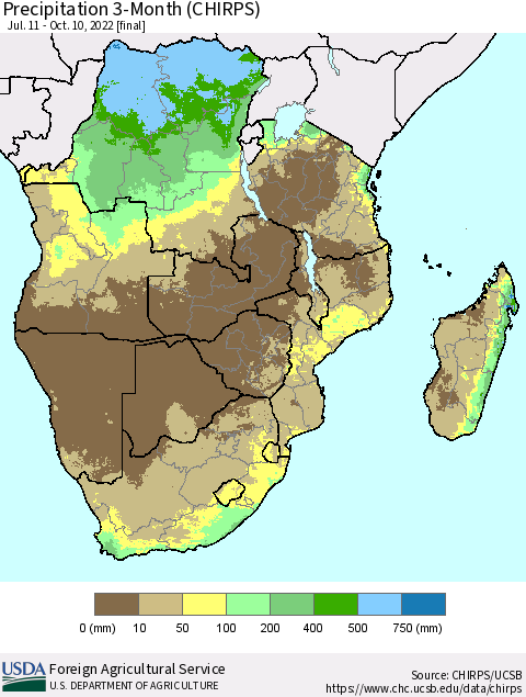 Southern Africa Precipitation 3-Month (CHIRPS) Thematic Map For 7/11/2022 - 10/10/2022