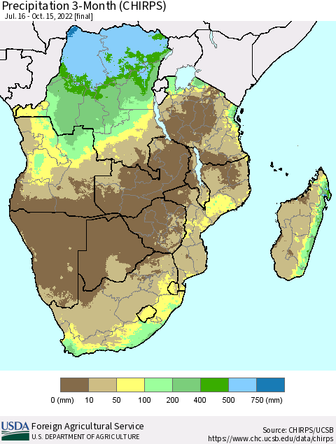 Southern Africa Precipitation 3-Month (CHIRPS) Thematic Map For 7/16/2022 - 10/15/2022