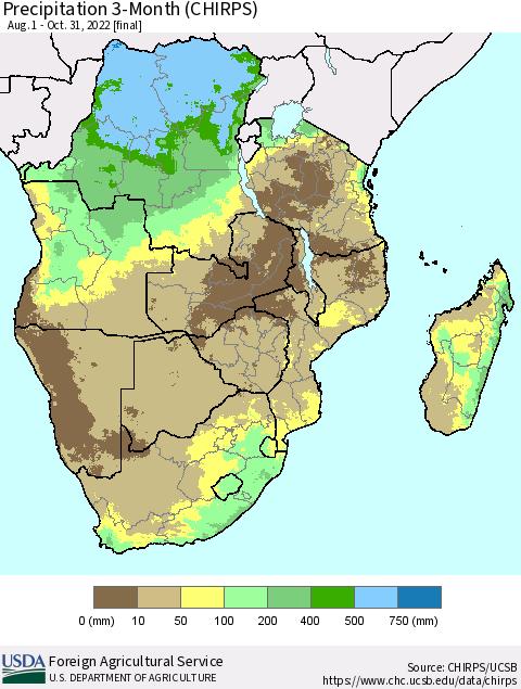 Southern Africa Precipitation 3-Month (CHIRPS) Thematic Map For 8/1/2022 - 10/31/2022