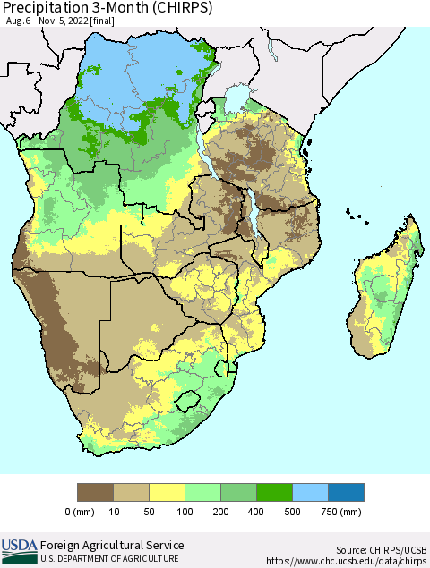 Southern Africa Precipitation 3-Month (CHIRPS) Thematic Map For 8/6/2022 - 11/5/2022