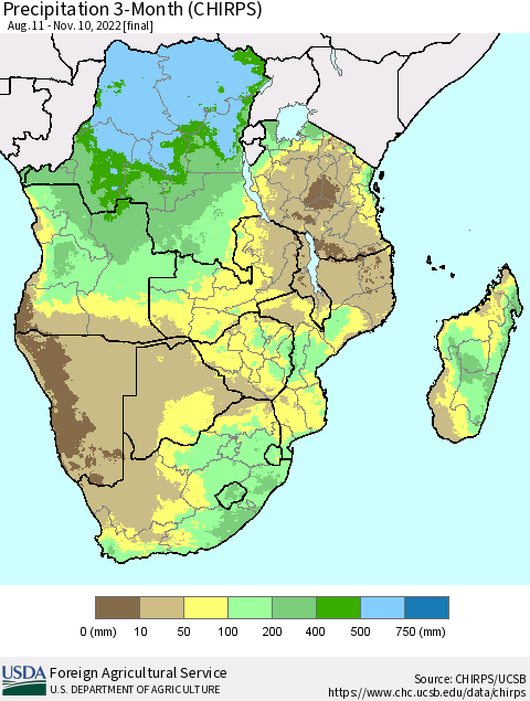 Southern Africa Precipitation 3-Month (CHIRPS) Thematic Map For 8/11/2022 - 11/10/2022